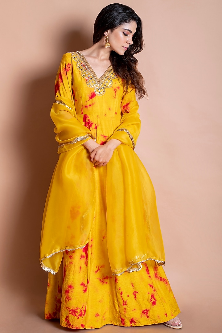 Mustard Embroidered Gown With Dupatta by Kesar studio