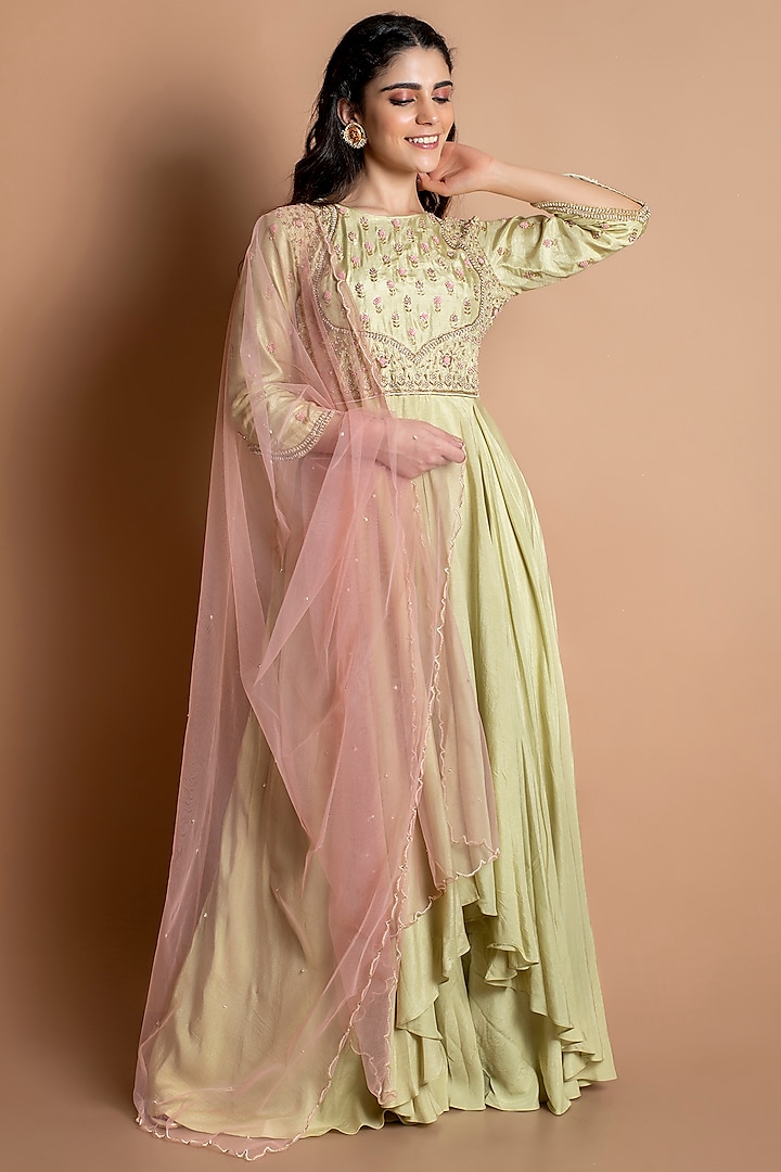 Mint Embroidered Gown With Dupatta by Kesar studio