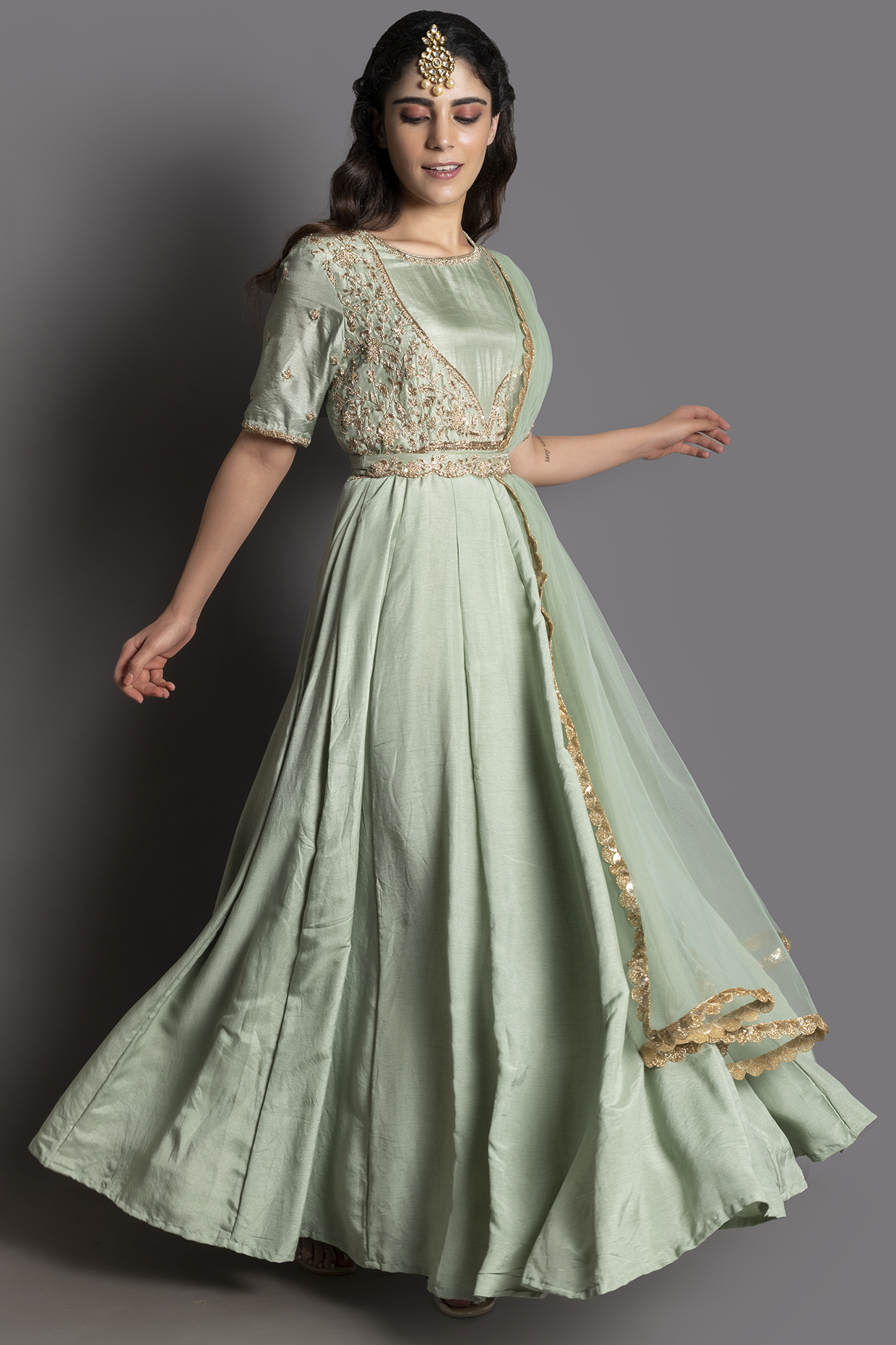 Sea Green Embroidered Gown With Dupatta by Kesar studio