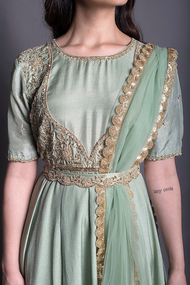Sea Green Embroidered Party Wear Gown With Dupatta by Kesar studio at Pernia's Pop Up Shop