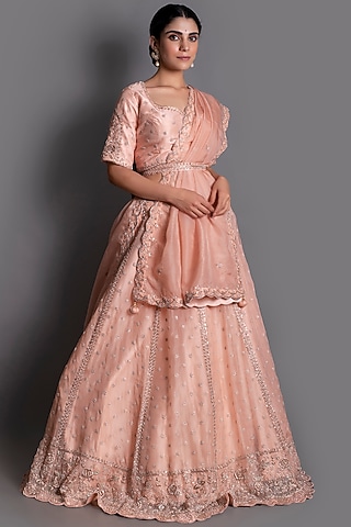 Peach Embellished Lehenga Set by Kesar studio