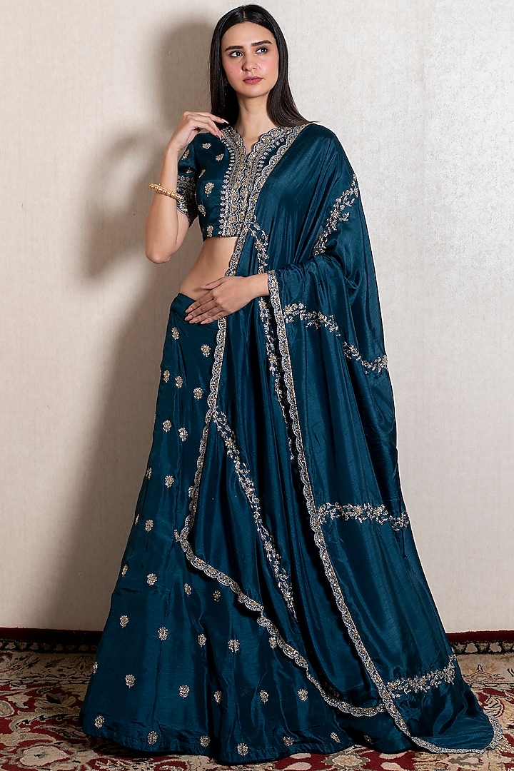 Peacock Blue Silk Embroidered Lehenga Set by Kesar studio