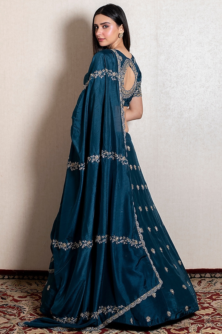 Peacock Blue Silk Embroidered Wedding Lehenga Set by Kesar studio at Pernia's Pop Up Shop