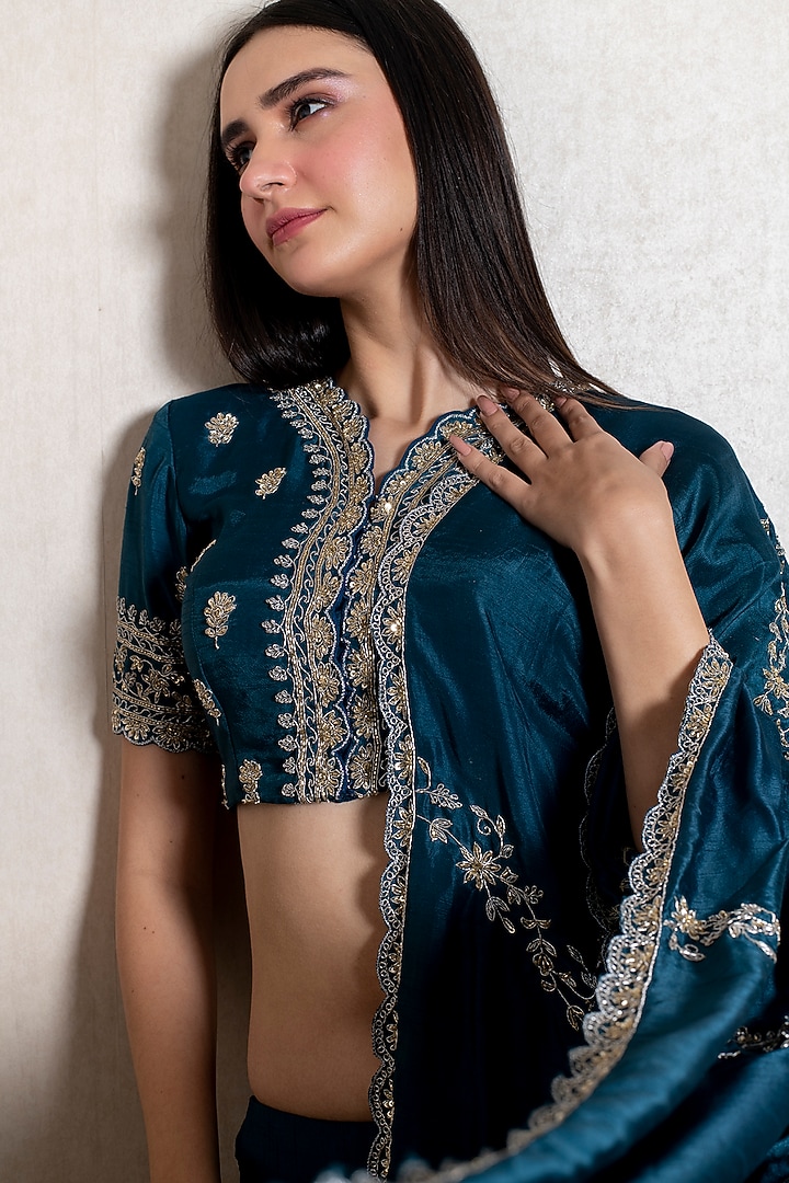 Peacock Blue Silk Embroidered Wedding Lehenga Set by Kesar studio at Pernia's Pop Up Shop