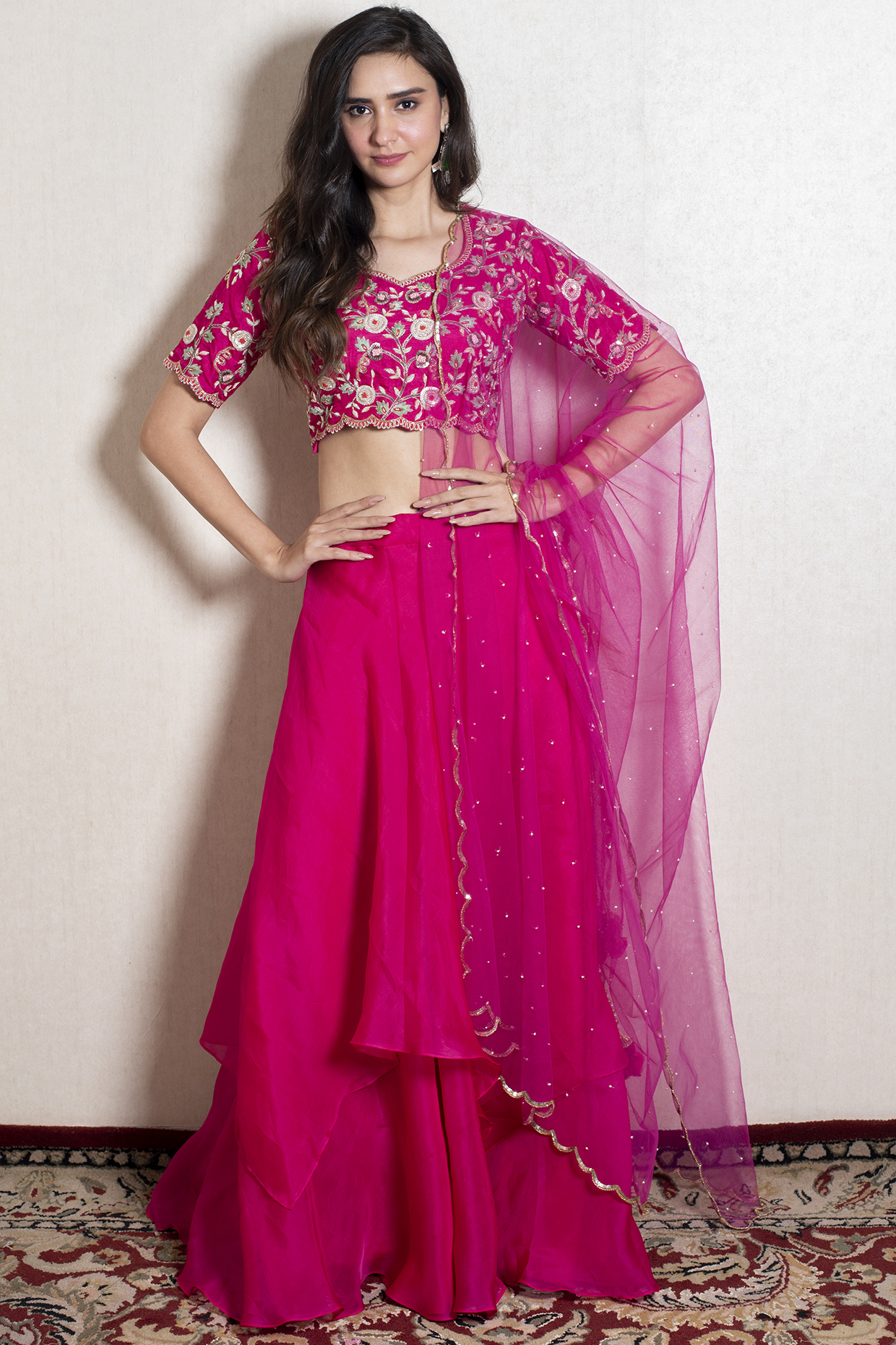 Fuchsia Embroidered Lehenga Set by Kesar studio at Pernia's Pop Up Shop