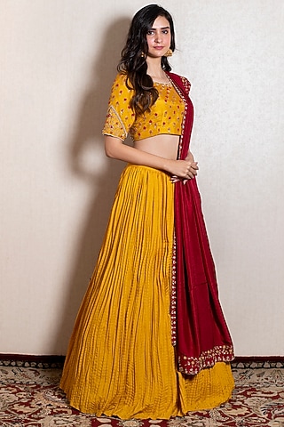 Mustard Silk Embroidered Lehenga Set by Kesar studio