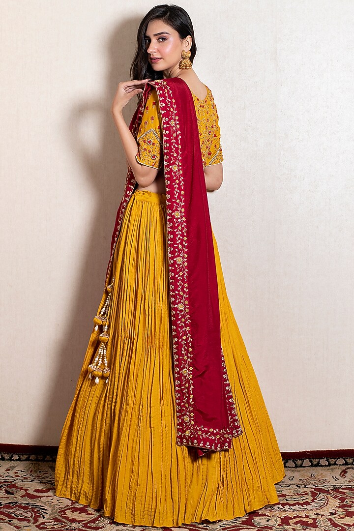 Mustard Silk Embroidered Lehenga Set by Kesar studio at Pernia's Pop Up Shop