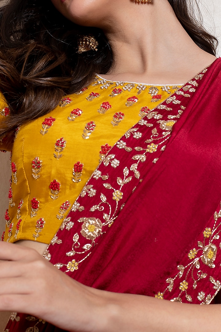 Mustard Silk Embroidered Lehenga Set by Kesar studio at Pernia's Pop Up Shop
