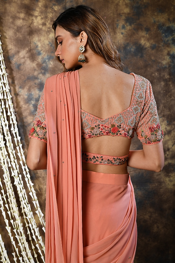 Peach Embroidered Pre-Draped Party Wear Saree Set by Kesar studio at Pernia's Pop Up Shop