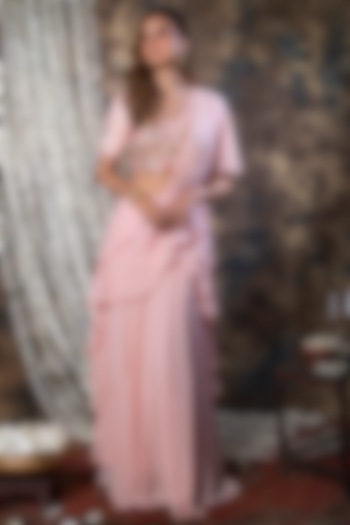 Baby Pink Pre-Draped Frilled Saree Set by Kesar studio