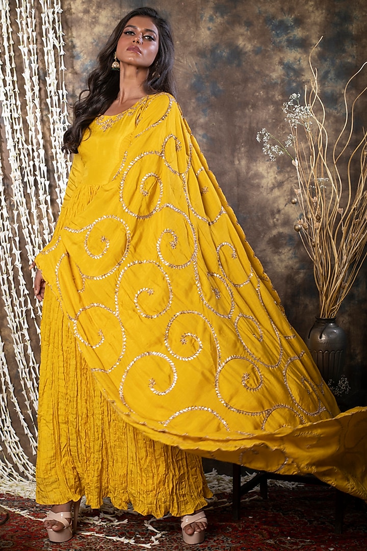 Mustard Embroidered Gown With Dupatta by Kesar studio