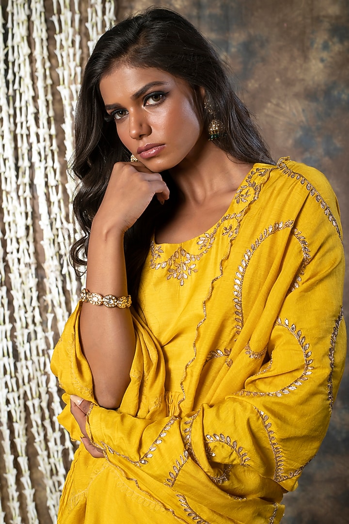 Mustard Embroidered Party Wear Gown With Dupatta by Kesar studio at Pernia's Pop Up Shop