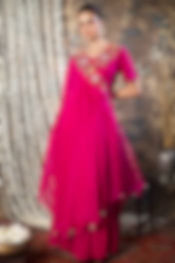 Magenta Silk Embroidered Gown With Overlay by Kesar studio