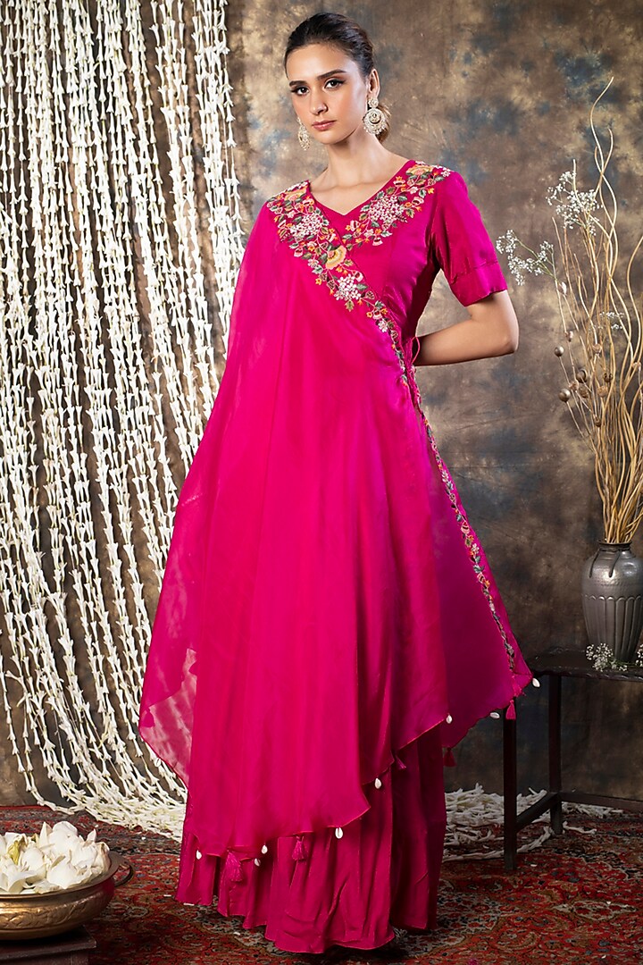 Magenta Silk Embroidered Gown With Overlay by Kesar studio