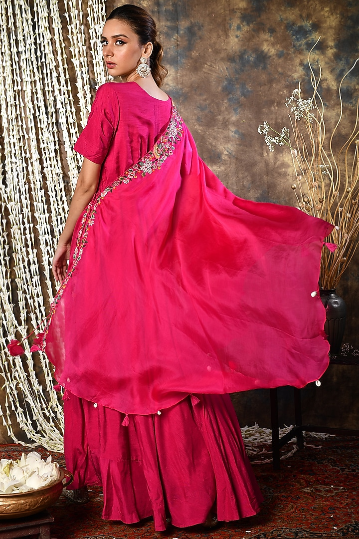 Magenta Silk Embroidered Party Wear Gown With Overlay by Kesar studio at Pernia's Pop Up Shop