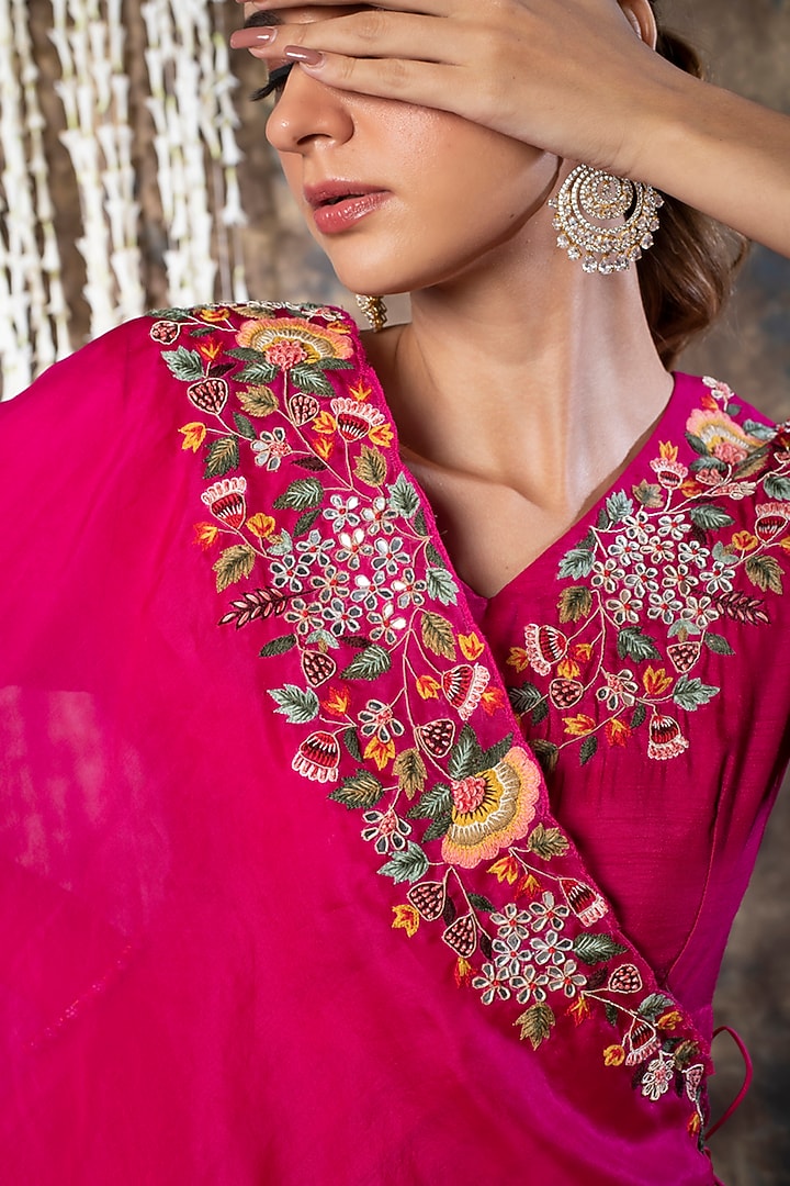 Magenta Silk Embroidered Party Wear Gown With Overlay by Kesar studio at Pernia's Pop Up Shop