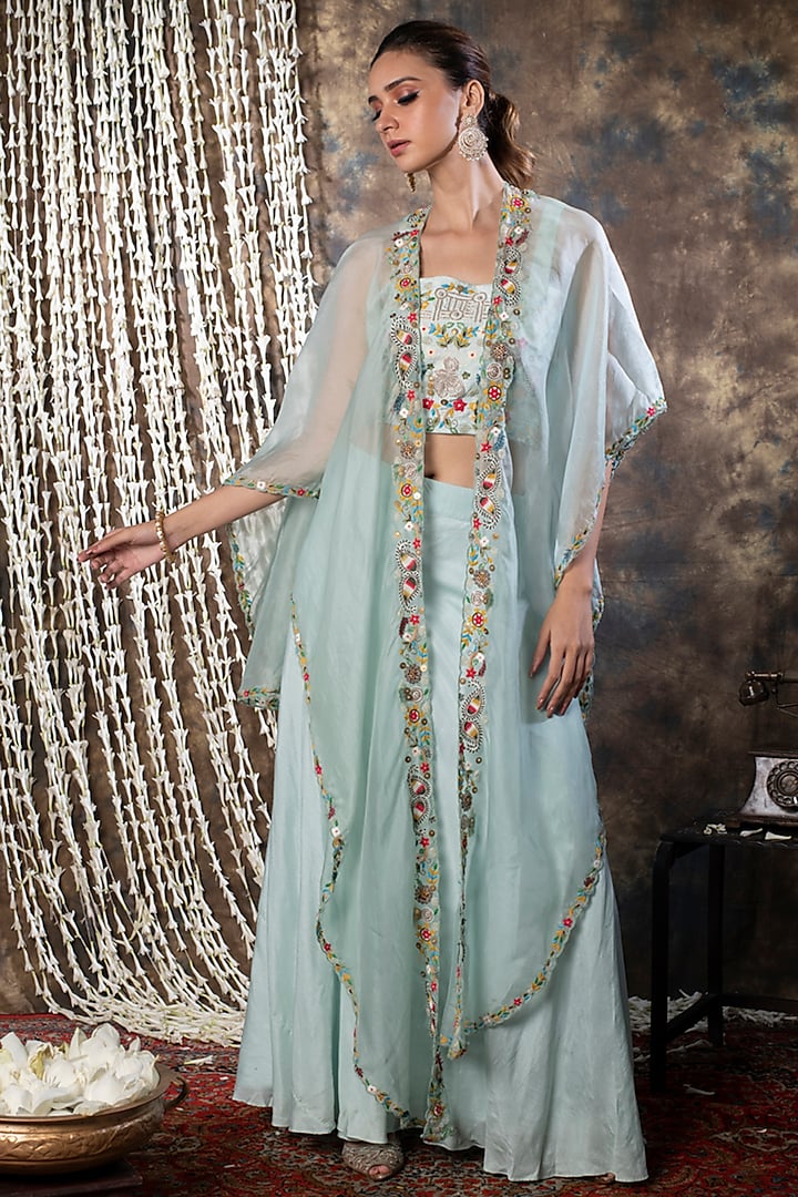 Powder Blue Organza Skirt Set With Cape by Kesar studio at Pernia's Pop Up Shop