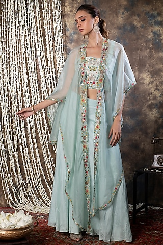 Powder Blue Organza Skirt Set With Cape by Kesar studio