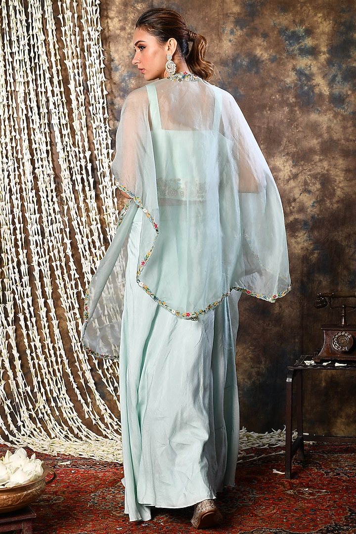 Powder Blue Organza Skirt Set With Cape by Kesar studio at Pernia's Pop Up Shop
