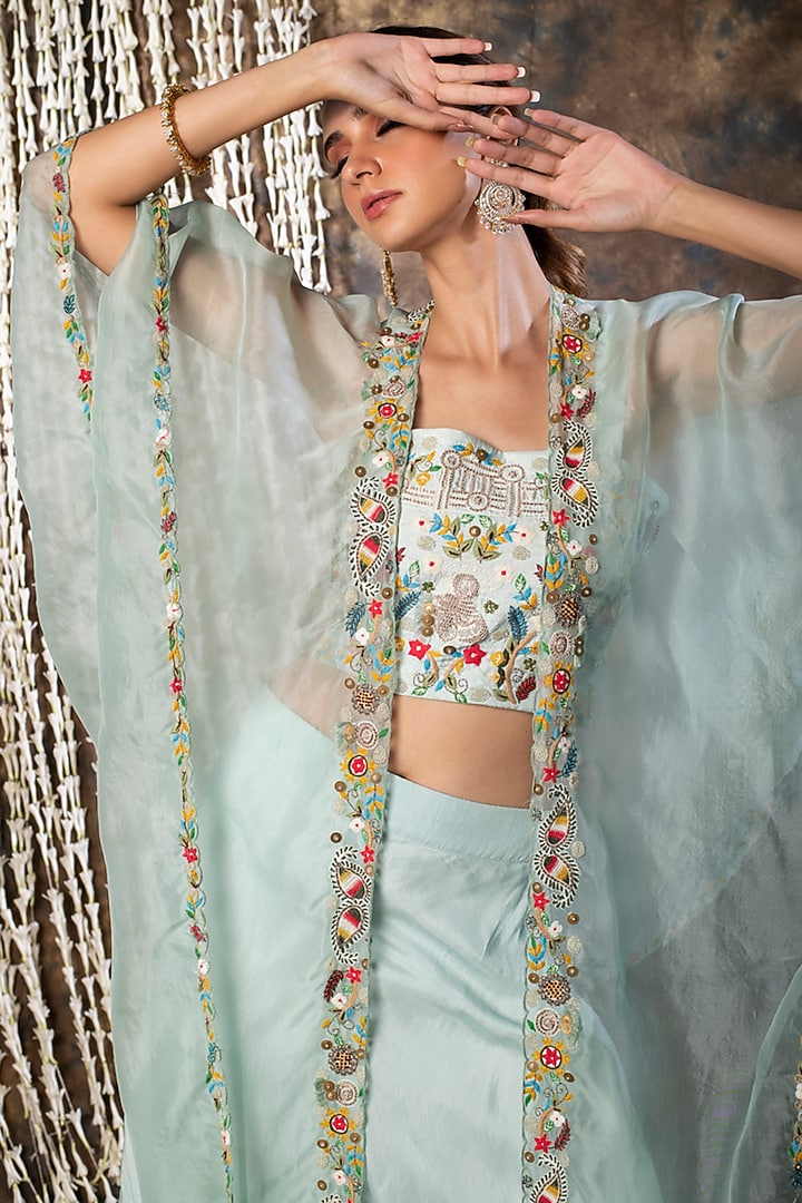 Powder Blue Organza Skirt Set With Cape by Kesar studio at Pernia's Pop Up Shop