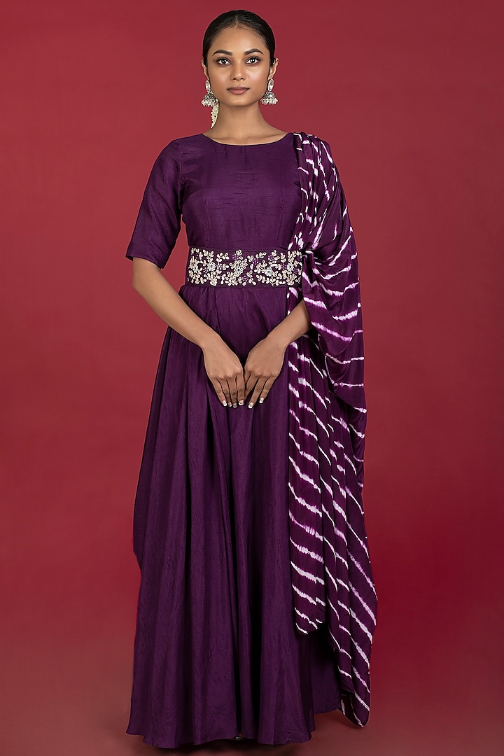 Purple Silk Gown With Belt by Kesar studio
