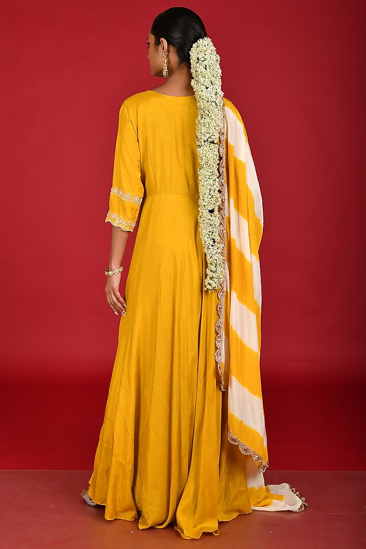 Mustard Embellished Party Wear Gown With Dupatta by Kesar studio at Pernia's Pop Up Shop