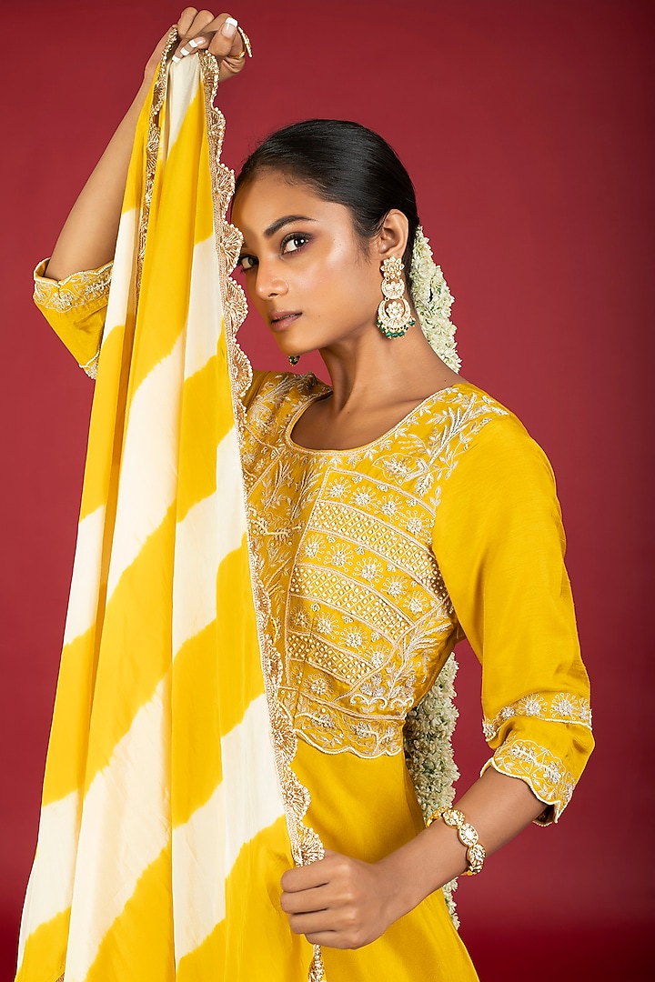 Mustard Embellished Party Wear Gown With Dupatta by Kesar studio at Pernia's Pop Up Shop