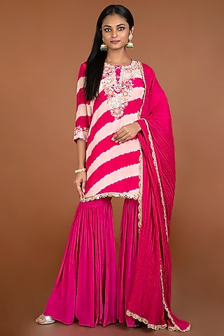 Pink Crepe Sharara Set by Kesar studio