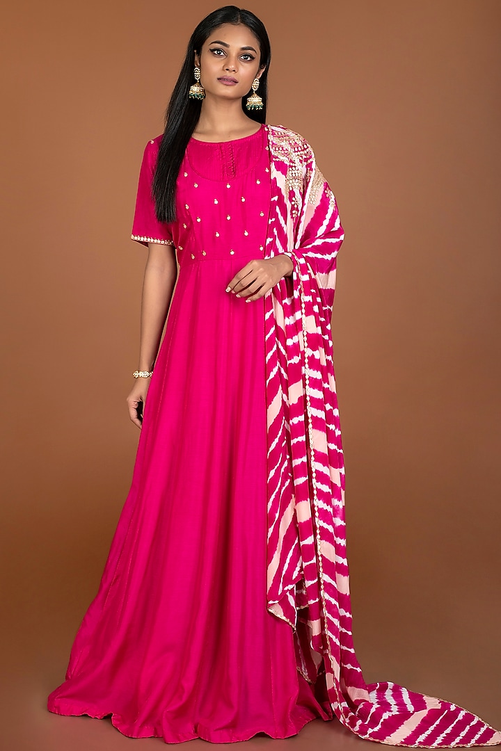 Pink Silk Gown With Dupatta by Kesar studio