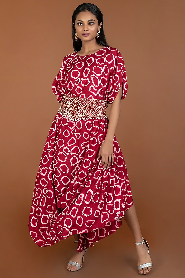 Red Silk Printed Cowl Dress by Kesar studio