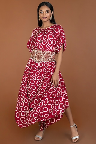 Red Silk Printed Cowl Dress by Kesar studio
