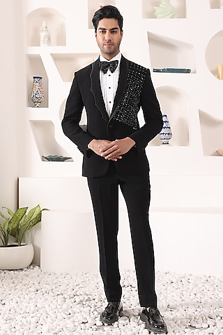 Black Blended Rayon Tuxedo Set by Prateek Munjal