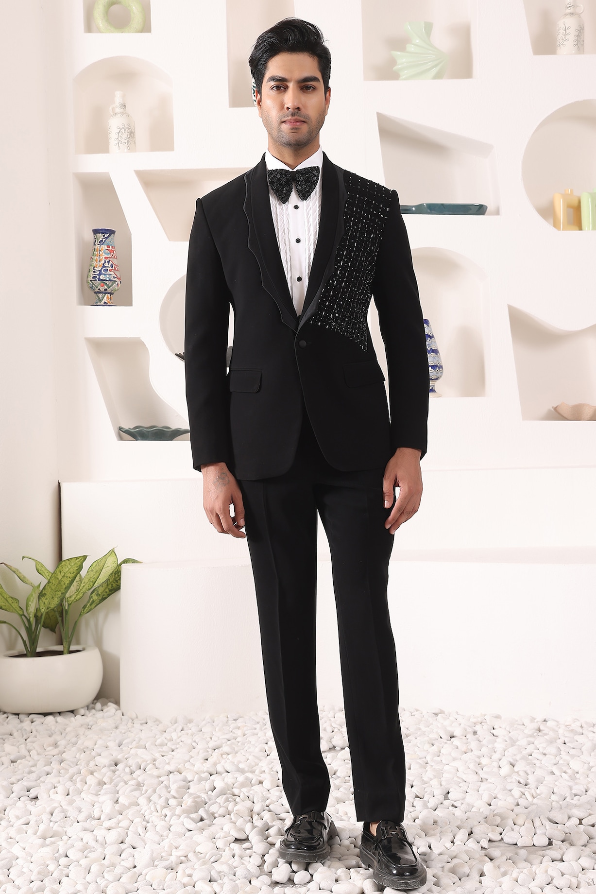 Black Blended Rayon Tuxedo Set by KUSTOMEYES
