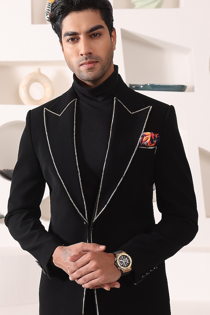 Black Blended Rayon Blazer Set by Prateek Munjal at Pernia's Pop Up Shop
