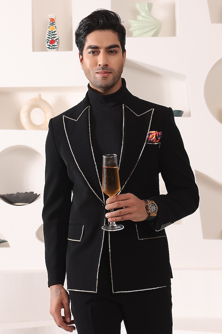 Black Blended Rayon Blazer Set by Prateek Munjal at Pernia's Pop Up Shop