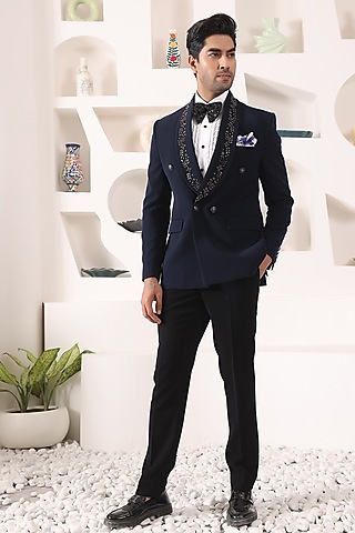 Navy Blue Blended Rayon Embroidered Tuxedo Set by Prateek Munjal