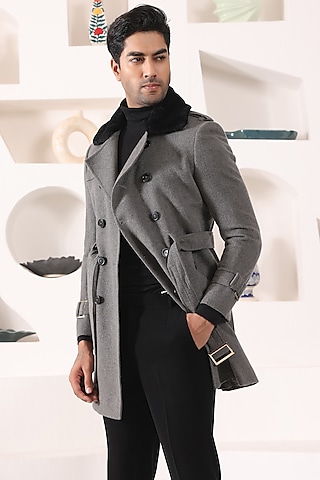 Grey Tweed Overcoat by Prateek Munjal