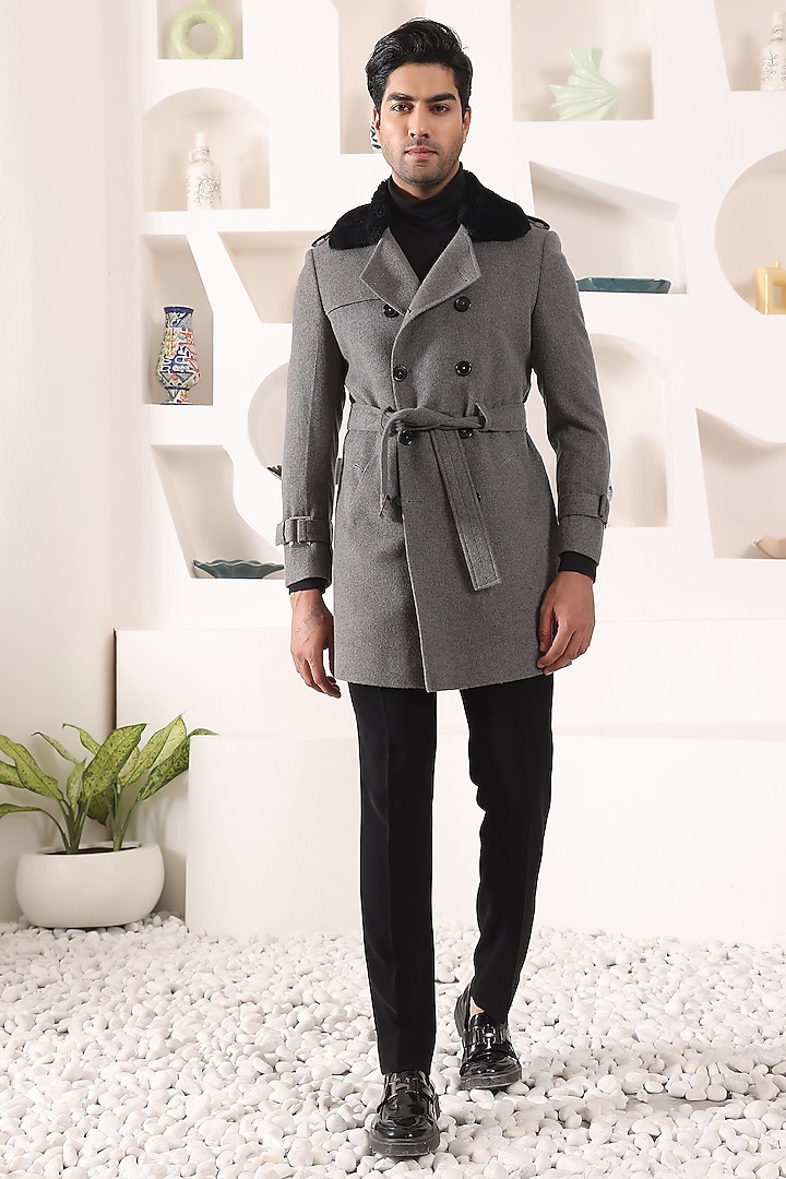 Grey Tweed Overcoat by Prateek Munjal at Pernia's Pop Up Shop
