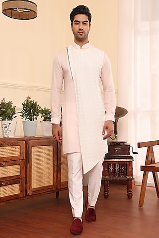 Pastel Pink Cotton & Silk Asymmetrical Kurta Set by Prateek Munjal