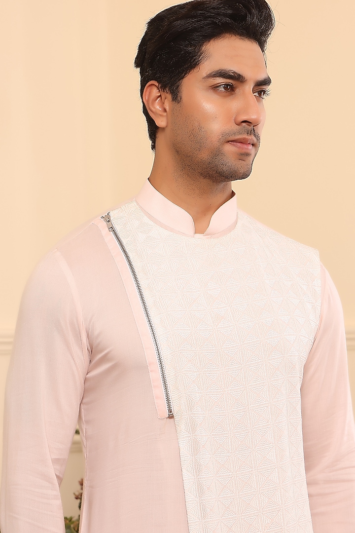 Pastel Pink Cotton & Silk Asymmetrical Kurta Set by Prateek Munjal at Pernia's Pop Up Shop