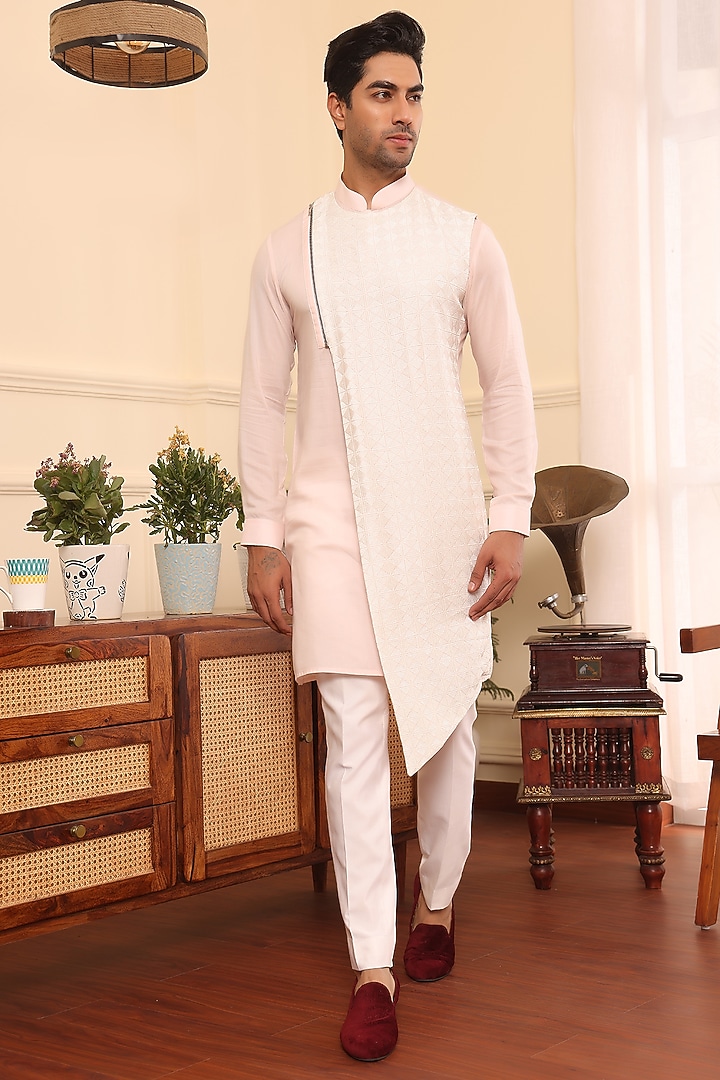 Pastel Pink Cotton & Silk Asymmetrical Kurta Set by Prateek Munjal at Pernia's Pop Up Shop
