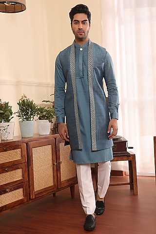 Teal Blue Cotton & Silk Indowestern Set by Prateek Munjal