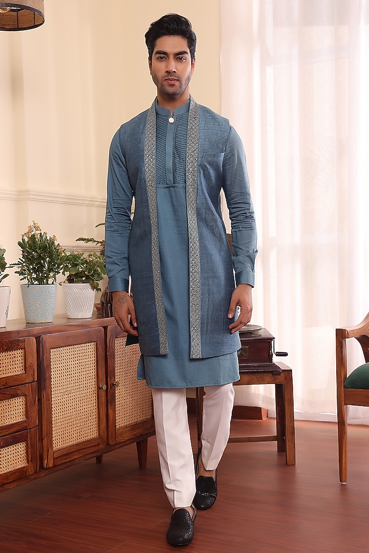 Teal Blue Cotton & Silk Wedding Indowestern Set by Prateek Munjal at Pernia's Pop Up Shop