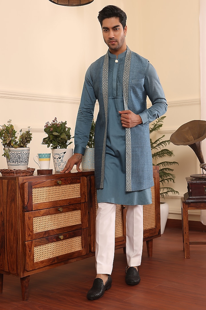 Teal Blue Cotton & Silk Wedding Indowestern Set by Prateek Munjal at Pernia's Pop Up Shop