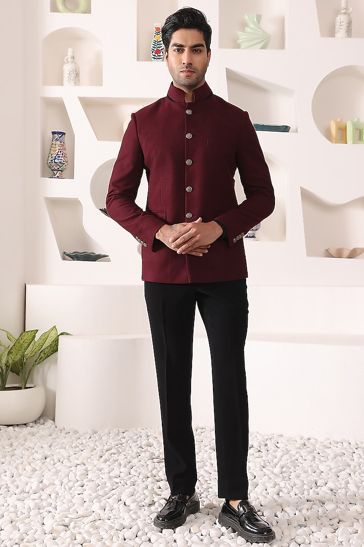 Wine Tweed & Rayon Wedding Bandhgala Set by Prateek Munjal at Pernia's Pop Up Shop