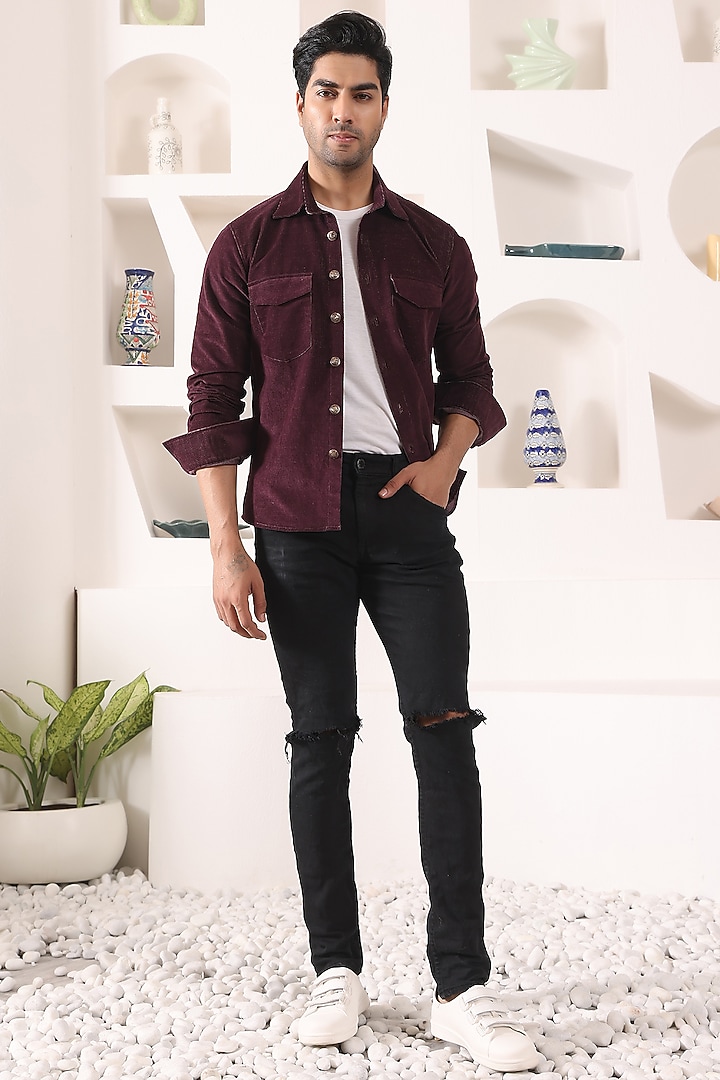 Wine Corduroy OverParty Wear Shirt by Prateek Munjal at Pernia's Pop Up Shop