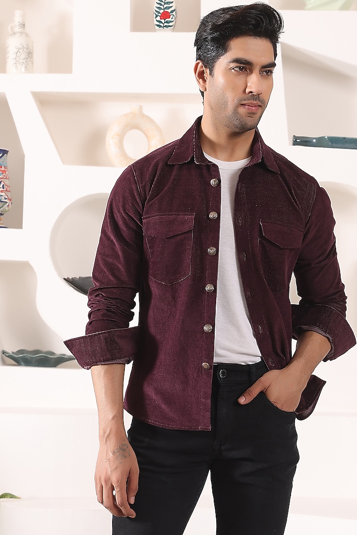 Wine Corduroy OverParty Wear Shirt by Prateek Munjal at Pernia's Pop Up Shop