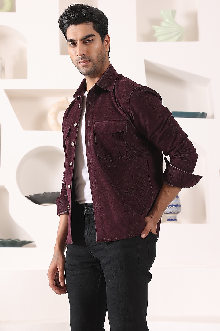 Wine Corduroy OverParty Wear Shirt by Prateek Munjal at Pernia's Pop Up Shop