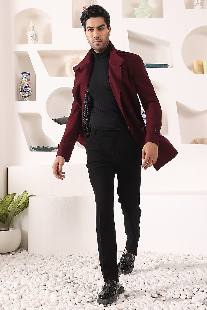 Wine Tweed & Rayon Overcoat by Prateek Munjal at Pernia's Pop Up Shop