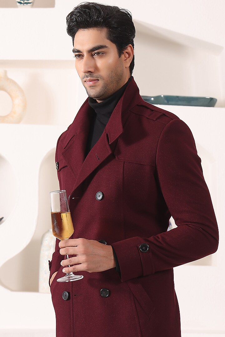 Wine Tweed & Rayon Overcoat by Prateek Munjal at Pernia's Pop Up Shop